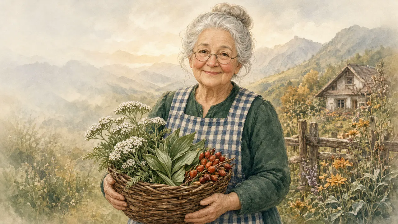 Oma Liesel mit Kräuterkorb im Herbstgarten