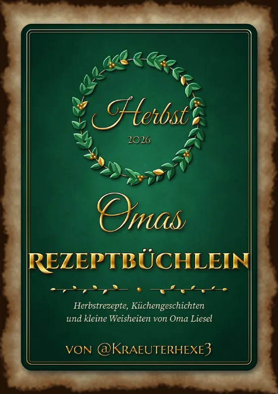 Titelseite von Omas Rezeptbüchlein Herbst 2026: grüner Einband mit goldenem Kranz und Schrift